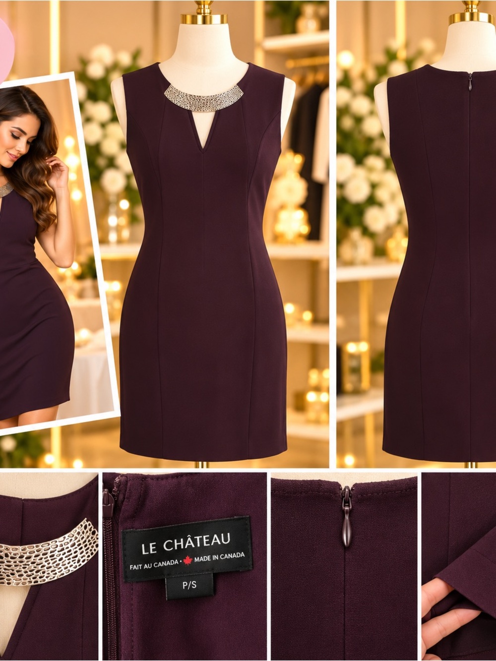 le chateau Plum Sleeveless Sheath Dress with Metallic Accent Neck